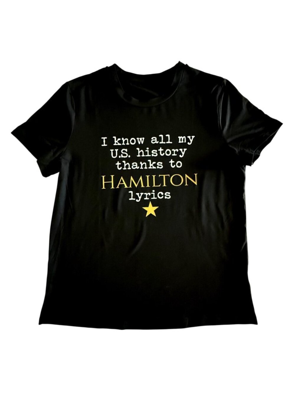 Hamilton Lyrics Tee Womens Size L Black Loose Fit Broadway Theater Shirt